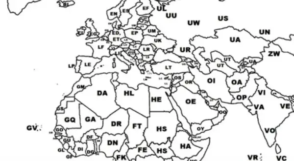 Mapa świata z zaznaczonymi regionami i ich kodami, które mogą odpowiadać kodom lotnisk.
