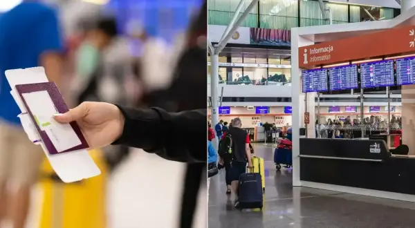 Ręka trzyma paszport i kartę pokładową, gotowa do check-in na lotnisku. W tle widać tablicę odlotów i innych podróżnych.