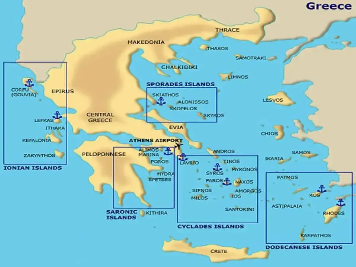 Mapa Grecji z zaznaczonymi grupami wysp na Morzu Egejskim: Cyklady, Sporady, Dodekanez.