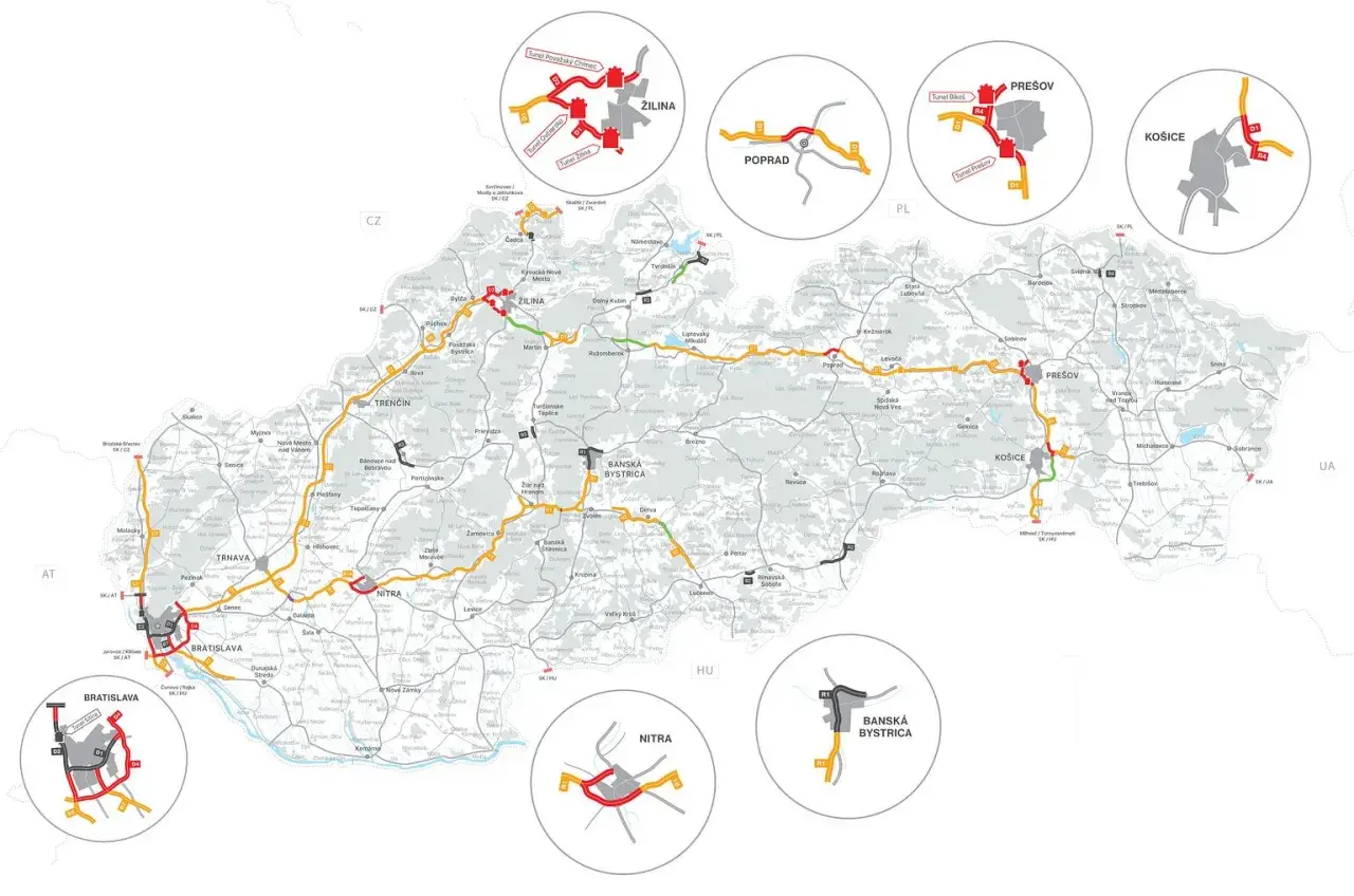 Mapa Słowacji z zaznaczonymi drogami i miastami. Winiety drogowe są kluczowe dla podróżowania po Słowacji.