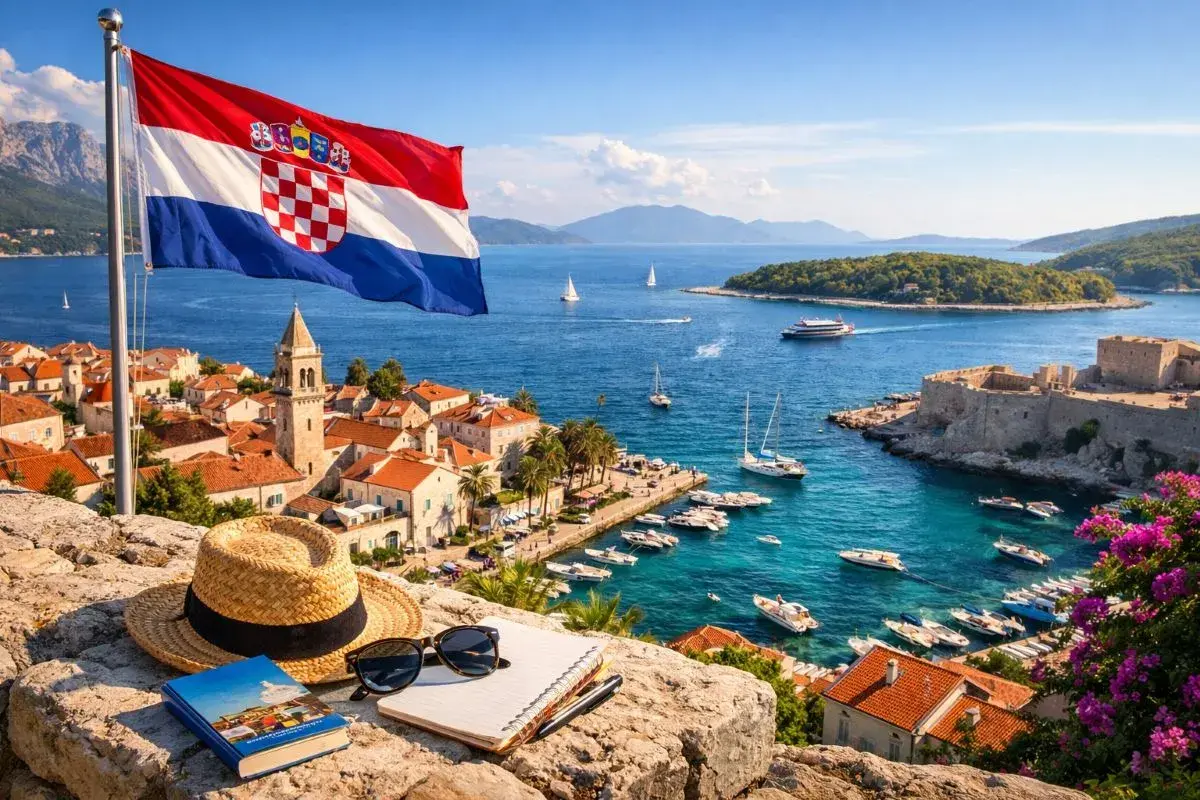 Chorwacka flaga powiewa nad urokliwym miasteczkiem z widokiem na turkusowe morze. Idealne miejsce na wakacje, by powiedzieć "na zdrowie po chorwacku".