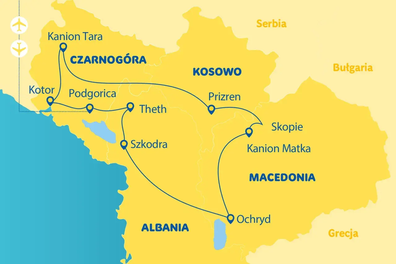 Mapa z trasą podróży po Bałkanach: Czarnogóra, Kosowo, Macedonia. Idealne miejsce, gdzie na majówkę wybrać się po przygodę!