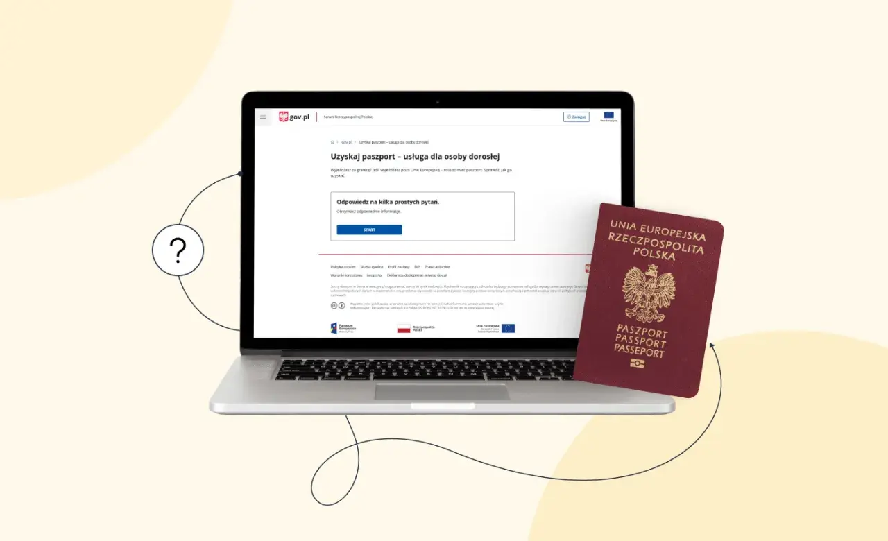 Czy można wyrobić paszport online? Na laptopie widać stronę gov.pl z informacją o uzyskaniu paszportu. Obok leży czerwony paszport.