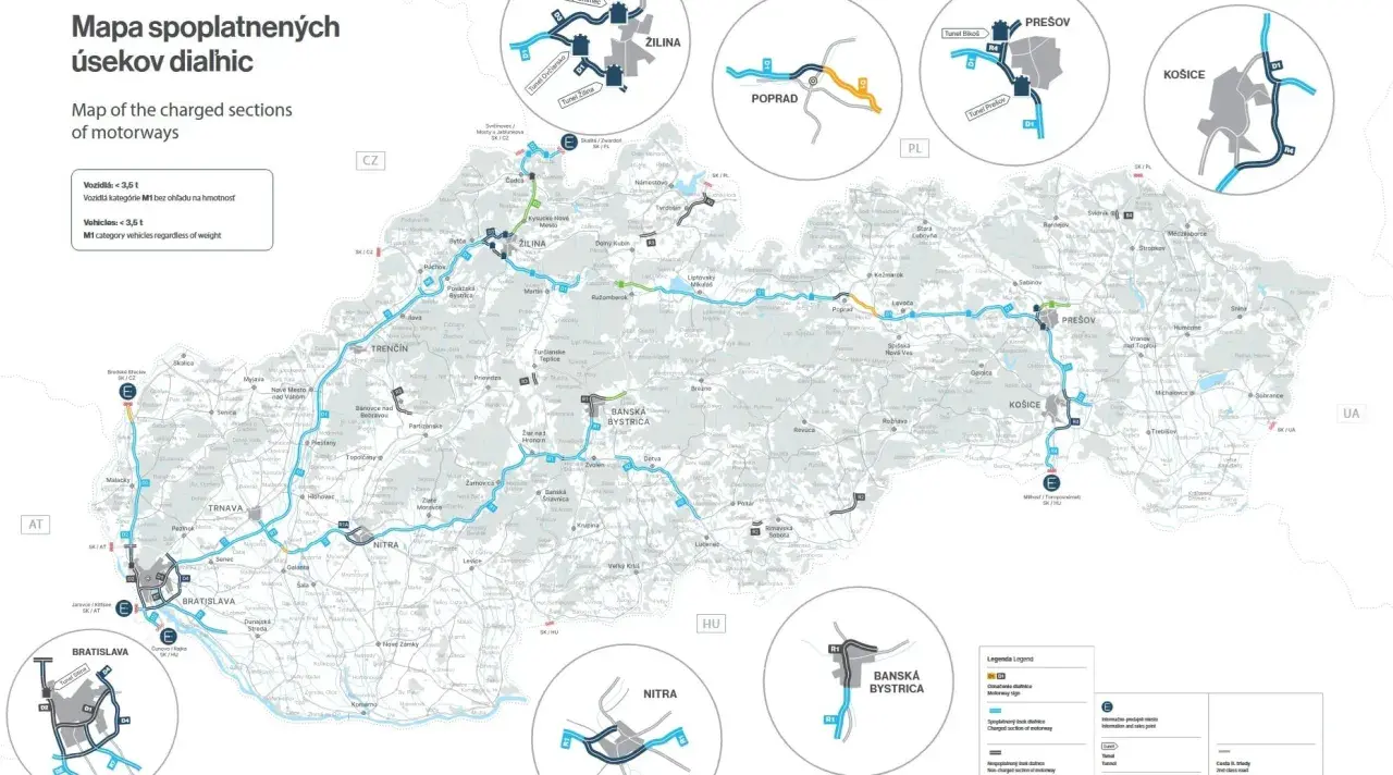 Mapa dróg płatnych na Słowacji, idealna do planowania podróży samochodem na Słowację.