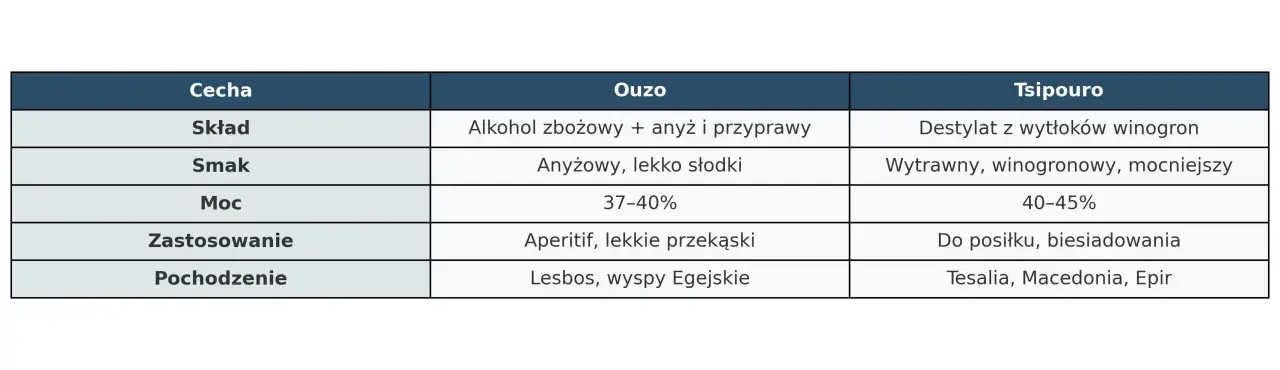 Tabela porównuje Ouzo i Tsipouro: tsipouro co to? Destylat z wytłoków winogron, wytrawny, mocniejszy, do posiłku.