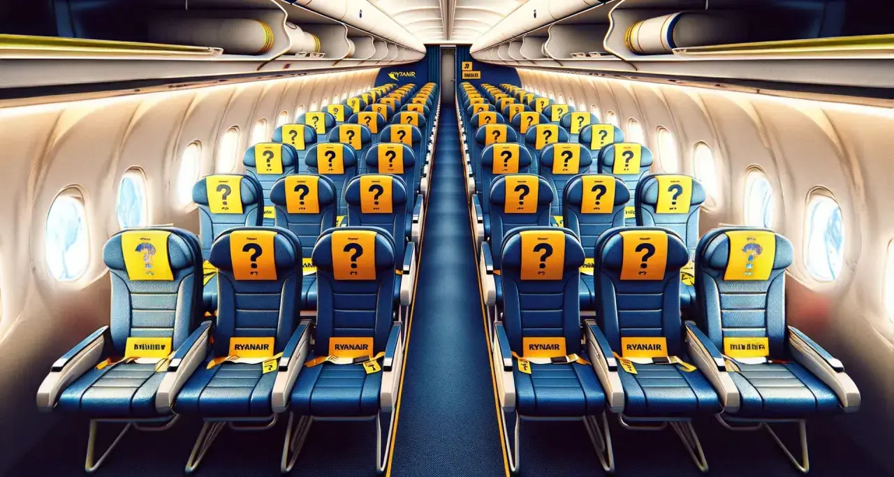 Puste miejsca w samolocie Ryanair, z żółtymi zagłówkami i znakami zapytania. Czekają na pasażerów.