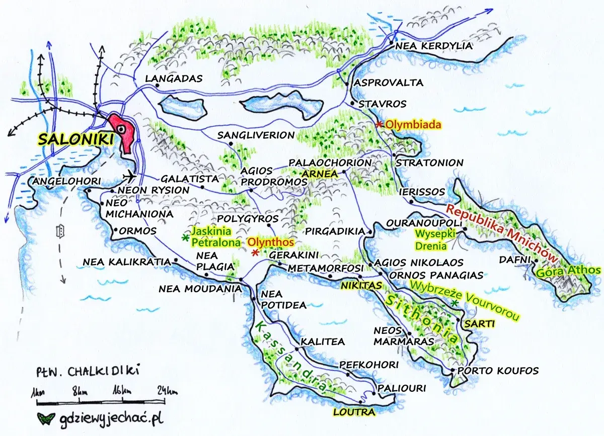 Mapa półwyspu Chalkidiki z zaznaczonymi miastami i drogami. Zobacz Saloniki, Olynthos, Sithonię i inne miejsca.