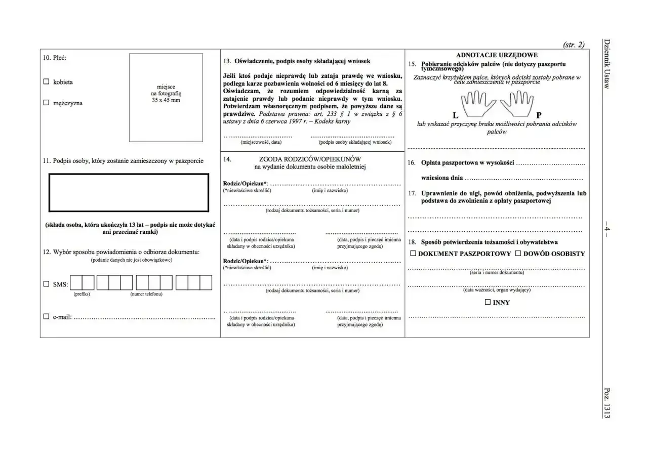 Formularz wniosku o paszport. Sekcja 10: Płeć, 11: Podpis osoby, która zostanie zamieszczony w paszporcie, 12: Wybór sposobu powiadomienia o odbiorze dokumentu.