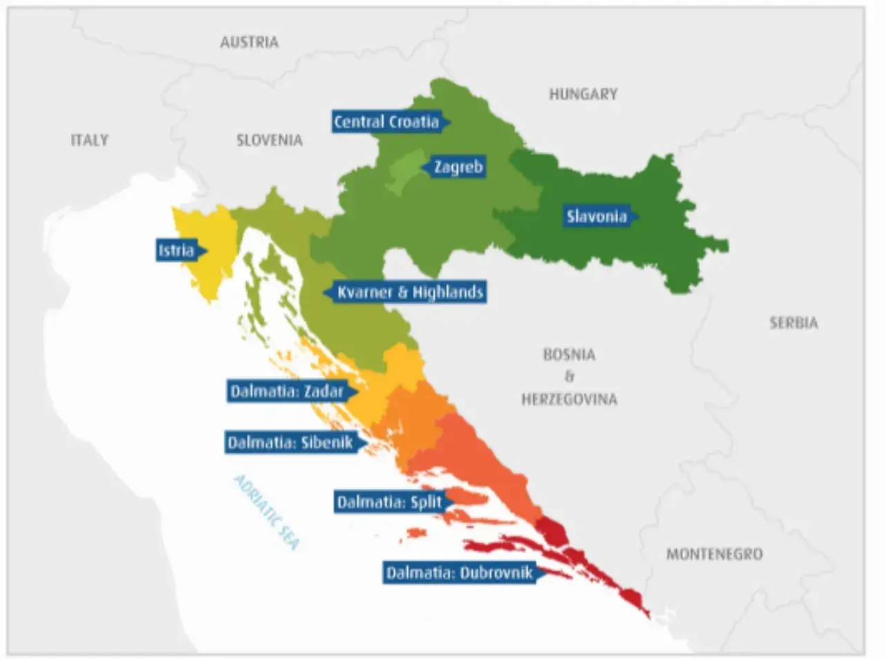 Mapa Chorwacji z zaznaczonymi regionami. Dalmacja rozciąga się wzdłuż wybrzeża Adriatyku, od Zadaru po Dubrownik.