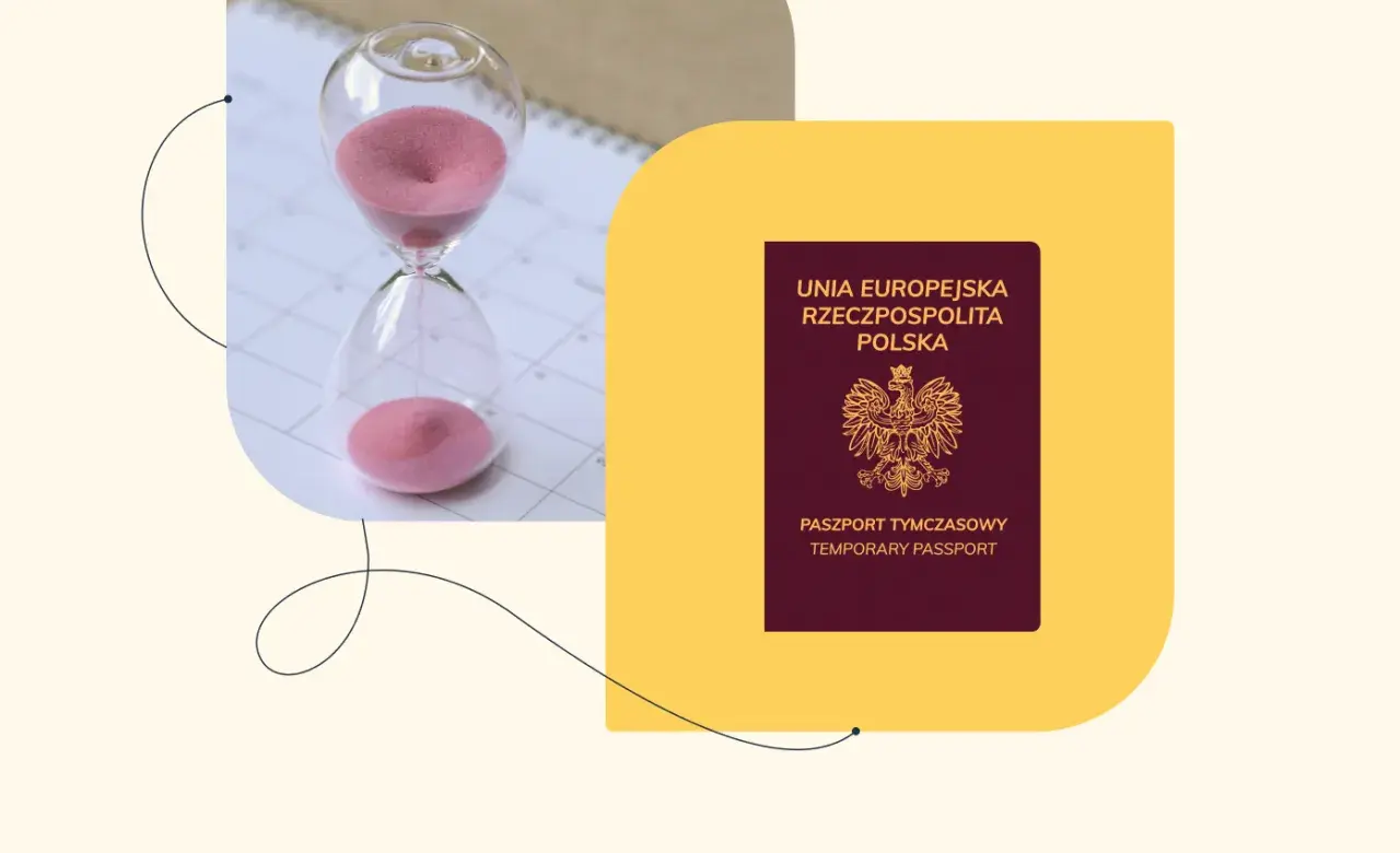 Klepsydra i paszport tymczasowy symbolizują, ile trwa wyrobienie paszportu tymczasowego.