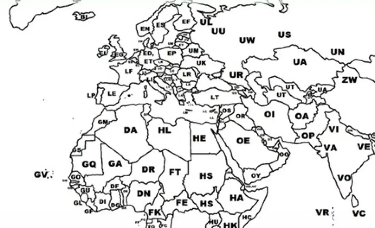 Mapa świata z zaznaczonymi regionami i ich kodami, które mogą odpowiadać kodom lotnisk.