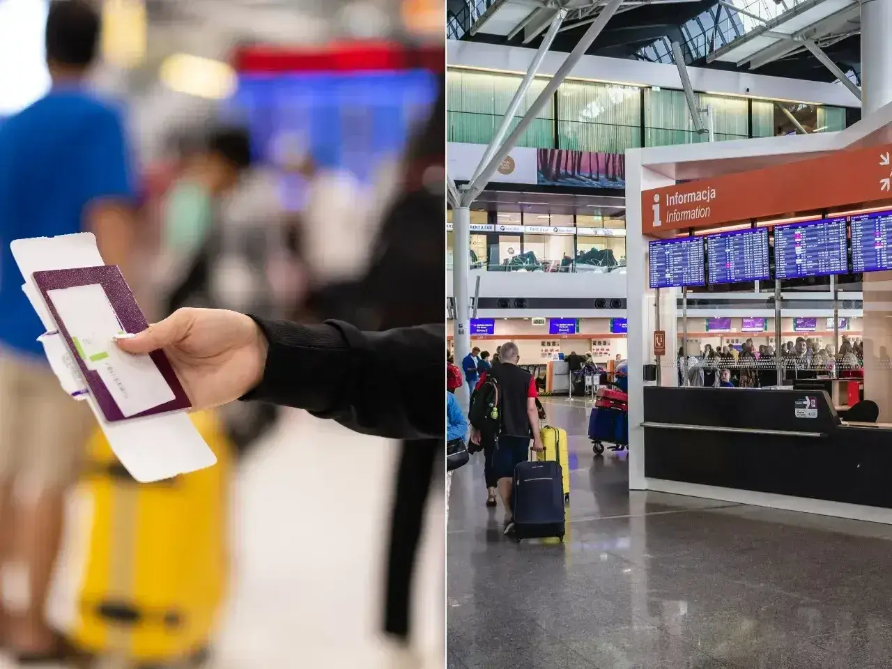 Ręka trzyma paszport i kartę pokładową, gotowa do check-in na lotnisku. W tle widać tablicę odlotów i innych podróżnych.