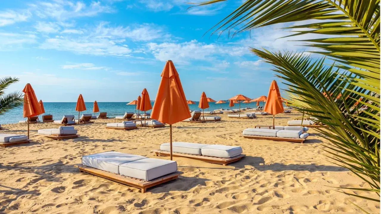 Słoneczny dzień na plaży w Złotych Piaskach. Pomarańczowe parasole i leżaki czekają na gości.