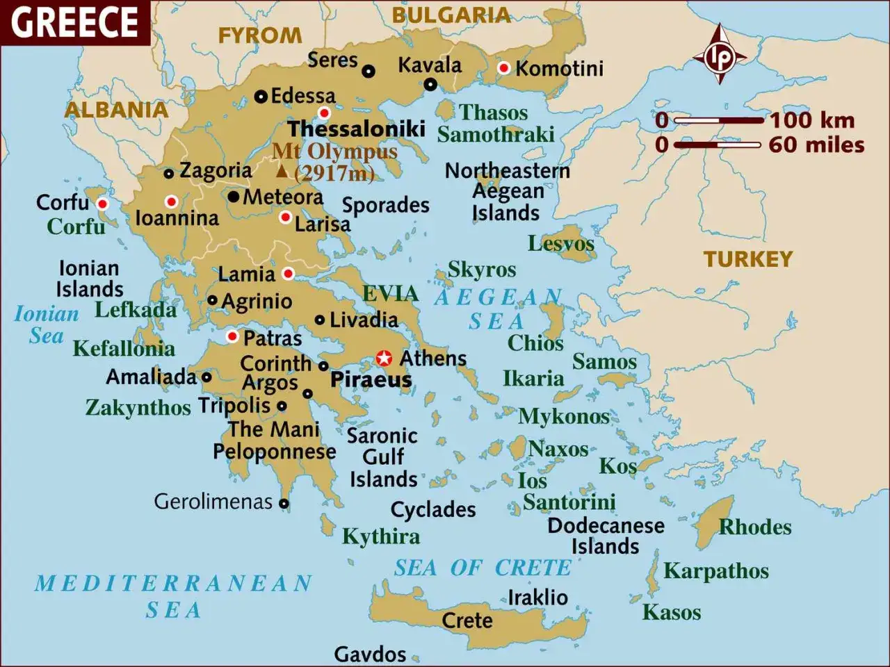 Mapa Grecji z zaznaczonymi największymi wyspami greckimi: Kreta, Rodos, Eubea, Lesbos, Korfu, Chios, Samotraki, Ikaria, Naksos, Paros, Samos, Santorini, Zakynthos, Kefalinia, Lemnos, Skyros, Karpathos, Kasos.