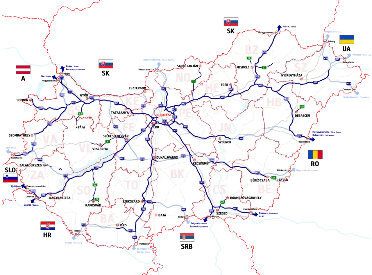 Mapa dróg Węgier z zaznaczonymi granicami i miastami, wskazująca trasy dojazdowe do Słowacji i Węgier.