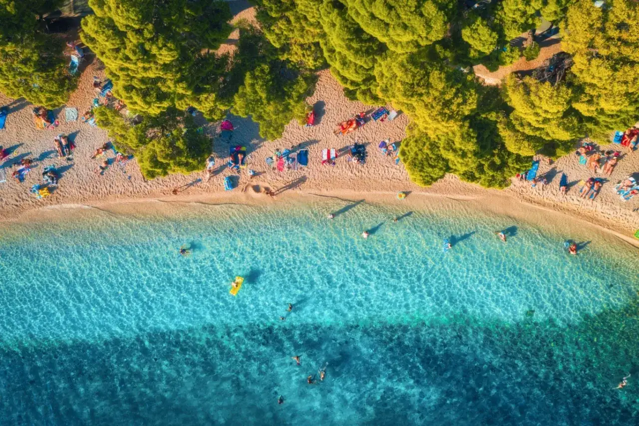 Słoneczne chorwackie plaże pełne ludzi odpoczywających pod drzewami i kąpiących się w krystalicznie czystej wodzie.