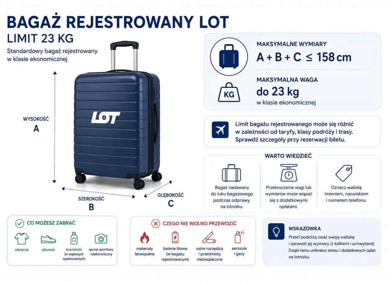 Limit bagażu rejestrowanego LOT: 23 kg, wymiary A+B+C &le; 158 cm. Odprawa bagażu na lotnisku.