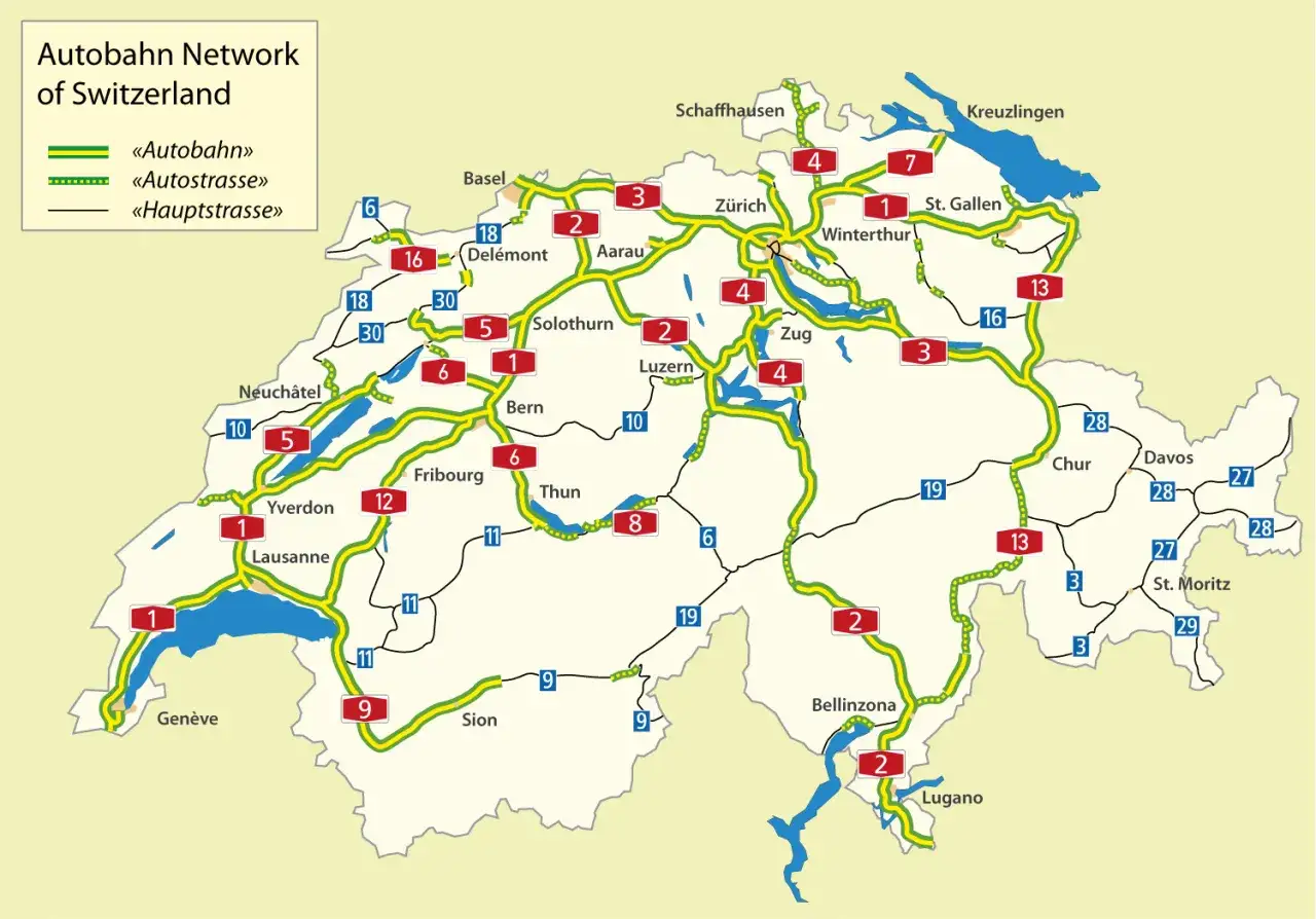 Mapa sieci autostrad Szwajcarii. Planujesz przejazd przez Szwajcarię? Zobacz, jak połączyć główne miasta i regiony.