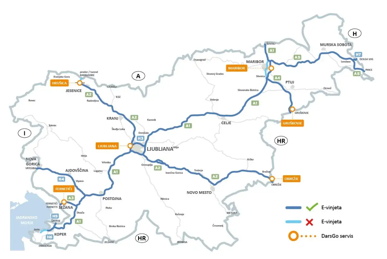 Mapa drog Słowenii z zaznaczonymi autostradami i punktami poboru opłat. Winieta Słowenia - klucz do podróżowania.