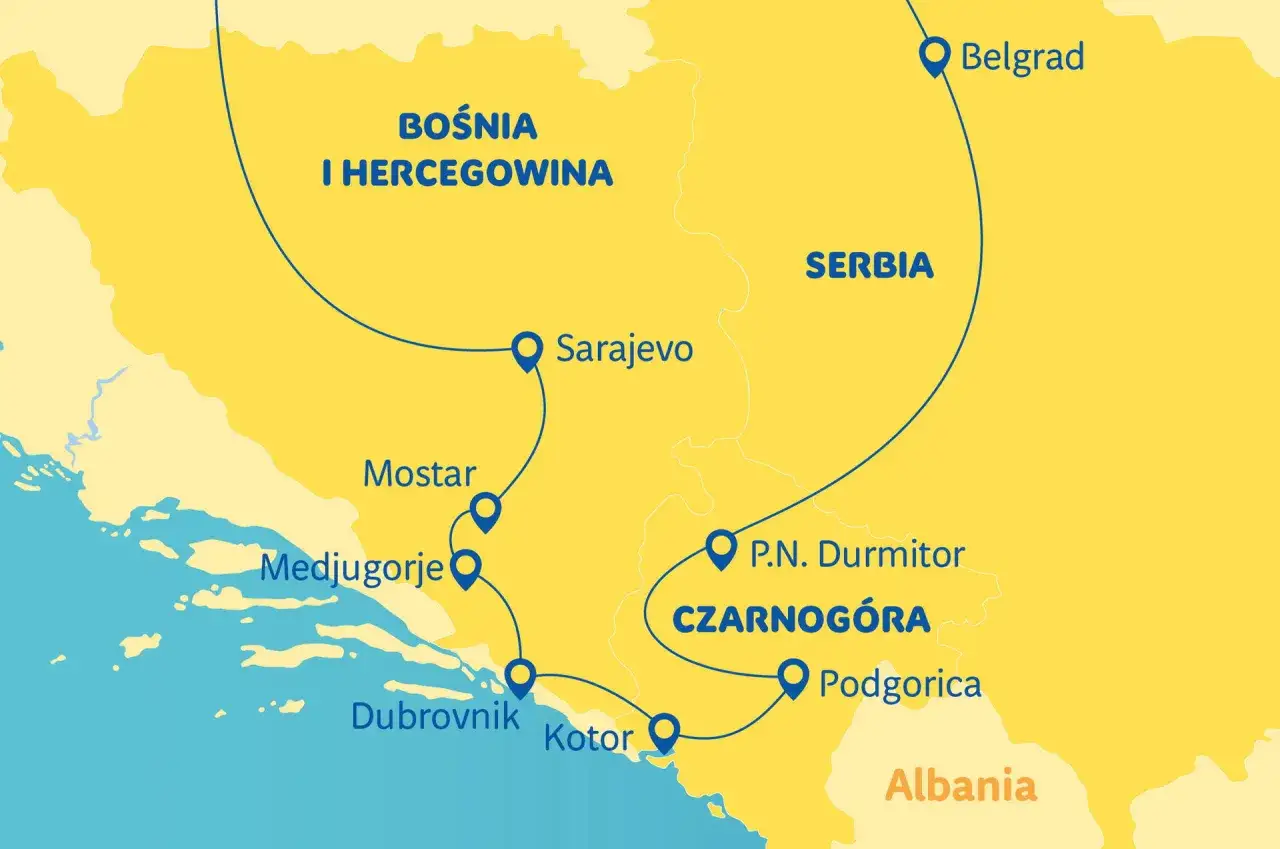 Mapa pokazuje trasy podróży, w tym jak dolecieć samolotem do Medjugorie, z lotnisk w Belgradzie, Sarajewie, Dubrowniku i Podgoricy.