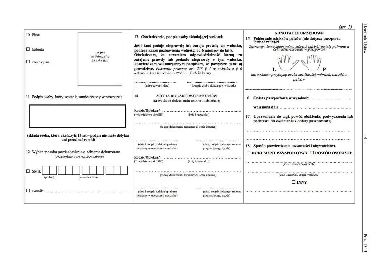 Formularz wniosku o paszport. Sekcja 10: Płeć (kobieta/mężczyzna). Sekcja 11: Podpis osoby składającej wniosek. Sekcja 13: Oświadczenie. Sekcja 14: Zgoda rodziców/opiekunów.