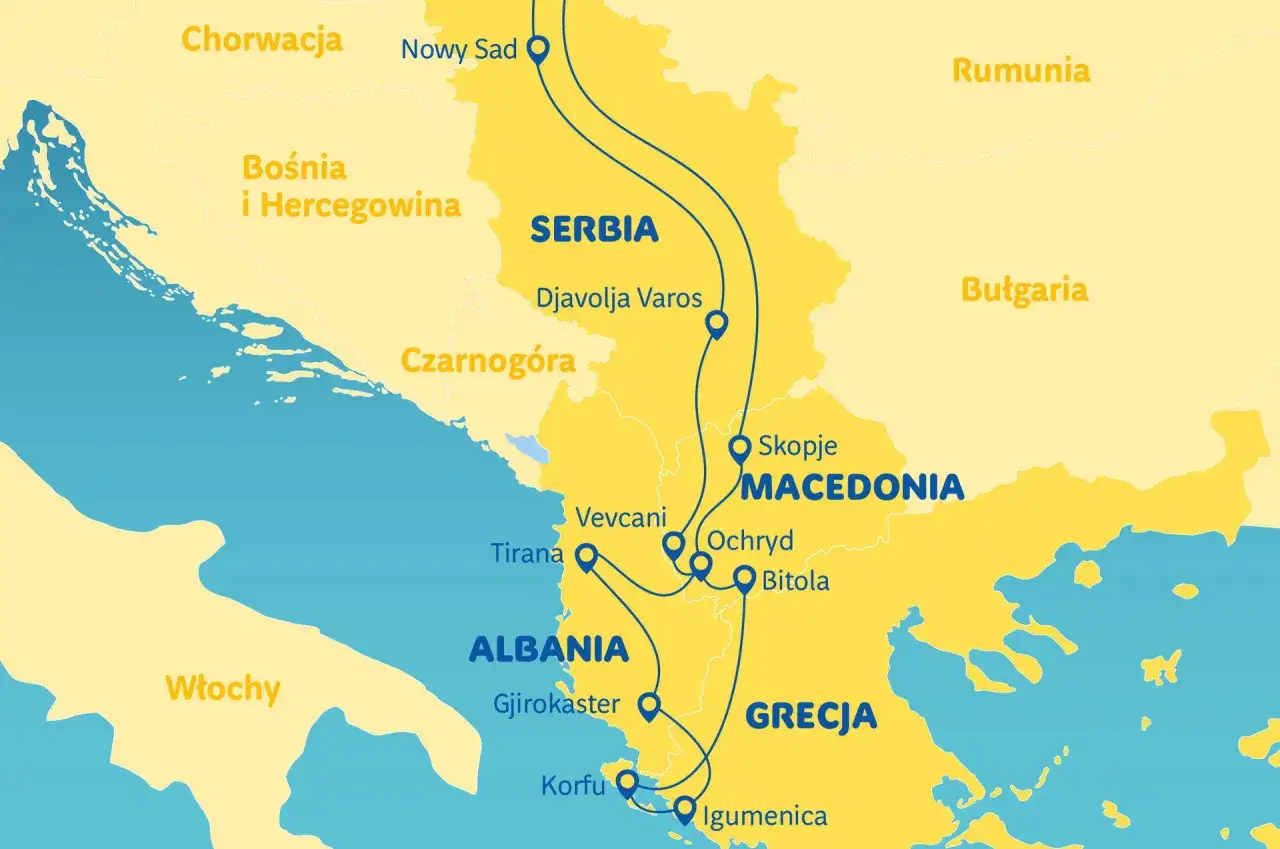 Mapa Bałkanów z zaznaczoną trasą przez Serbię, Macedonię, Albanię i Grecję. Idealna na długi weekend w czerwcu!