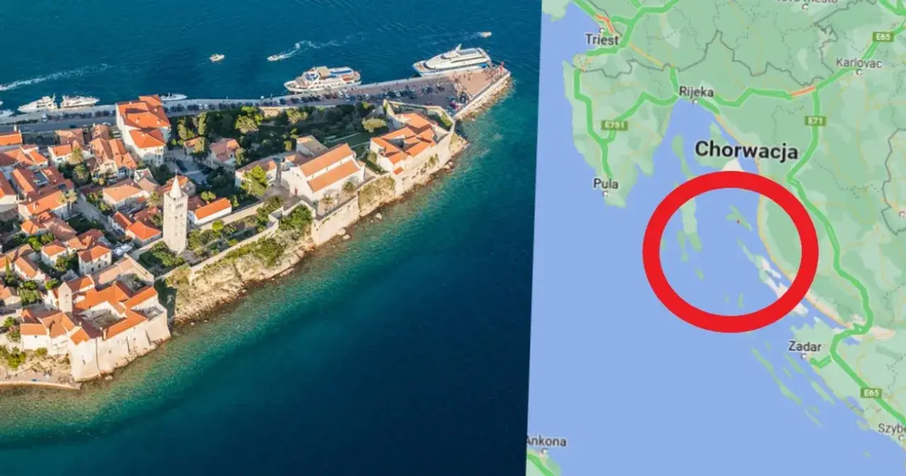 Chorwacja ma ponad 1200 wysp, a ta mapa pokazuje ich gęste skupisko. Widok z lotu ptaka ukazuje urokliwe miasteczko na jednej z nich.