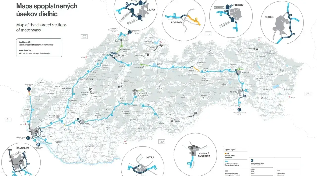 Mapa spoplatnených úsekov diaľnic na Slovensku. Viniety są niezbędne do podróżowania po tych drogach.