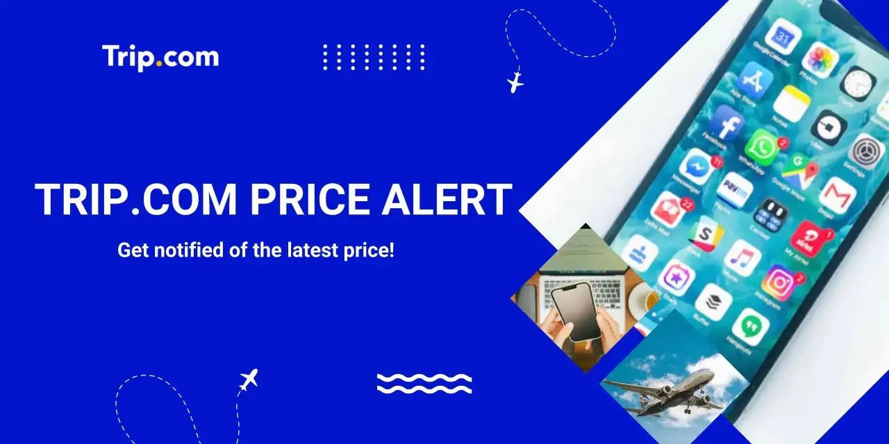 Trip.com Price Alert: dowiedz się, kiedy są najtańsze bilety lotnicze. Zobaczysz tu telefon z aplikacjami, laptopa i samolot.
