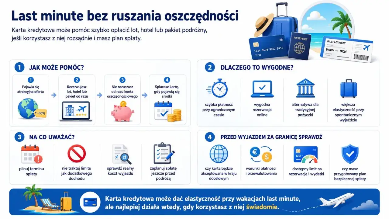 Last minute to elastyczność w podróży. Karta kredytowa pomoże opłacić lot, hotel, gdy pojawią się środki. Spłacaj świadomie!