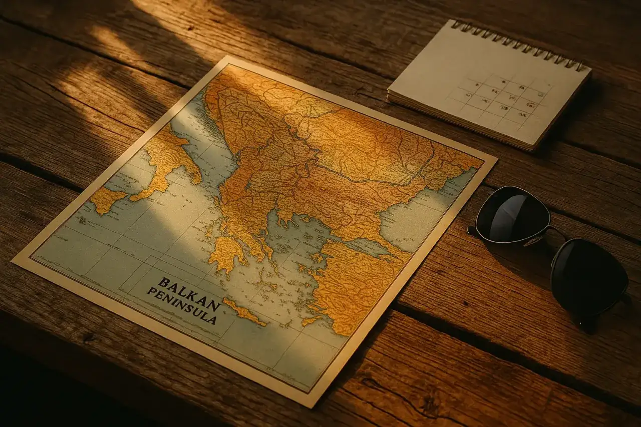 Mapa Półwyspu Bałkańskiego, notatnik i okulary przeciwsłoneczne. Idealne akcesoria, by zaplanować, gdzie na majówkę.