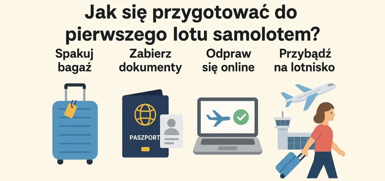 Przygotowanie do pierwszego lotu samolotem: spakuj bagaż, zabierz dokumenty, odpraw się online i przybądź na lotnisko.