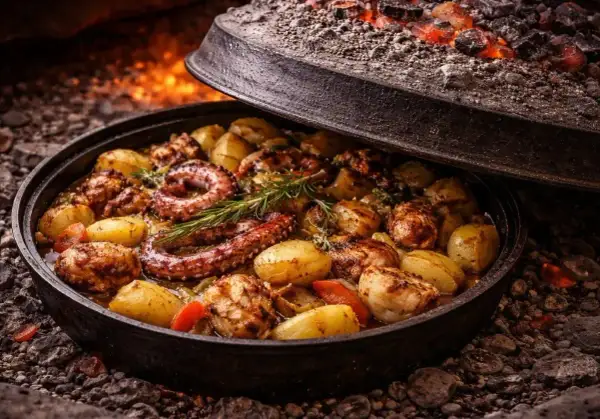 Ośmiornica z ziemniakami i rozmarynem, pieczona pod żelazną pokrywą. To jedno z dań, co się je w Chorwacji, przygotowane tradycyjnie na ogniu.