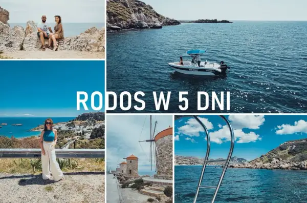 Rodos w 5 dni: para na skałach, łódź na morzu, widok na Lindos, wiatraki i schody do wody. Co warto zobaczyć na Rodos?