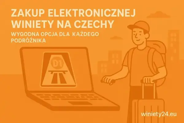 Kupuj wygodnie winiety Czechy i Austria online. Laptop pokazuje autostradę, a podróżnik z walizką i plecakiem jest gotowy do drogi.