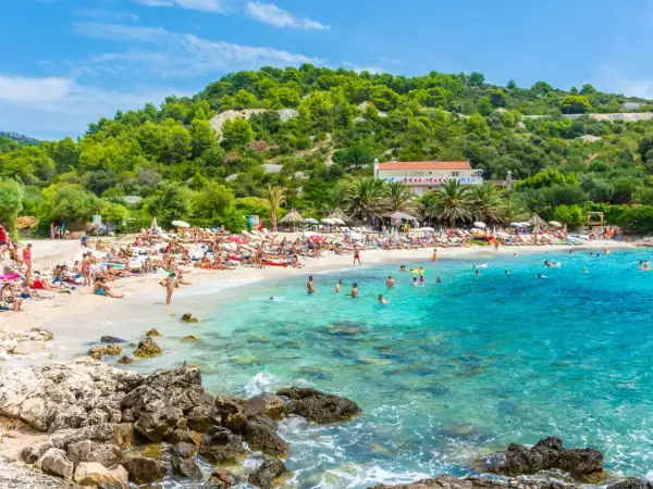Słoneczna plaża w Chorwacji, ludzie opalają się i kąpią w krystalicznie czystej wodzie. Idealne miejsce na wakacje all inclusive samolotem.