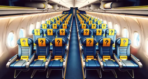 Puste miejsca w samolocie Ryanair, z żółtymi zagłówkami i znakami zapytania. Czekają na pasażerów.
