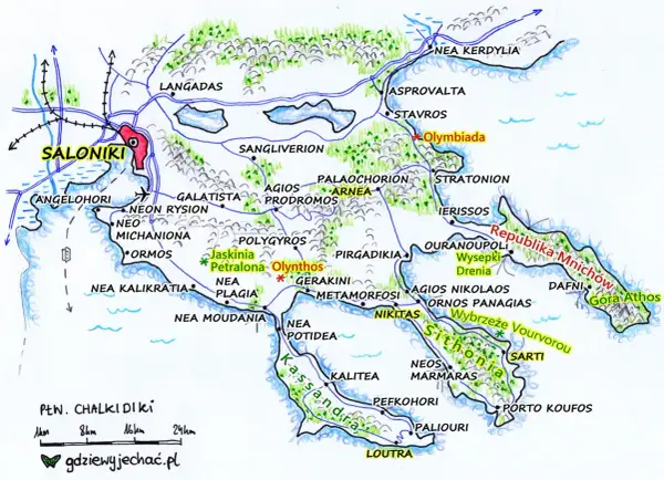 Mapa półwyspu Chalkidiki z zaznaczonymi miastami i drogami. Zobacz Saloniki, Olynthos, Sithonię i inne miejsca.