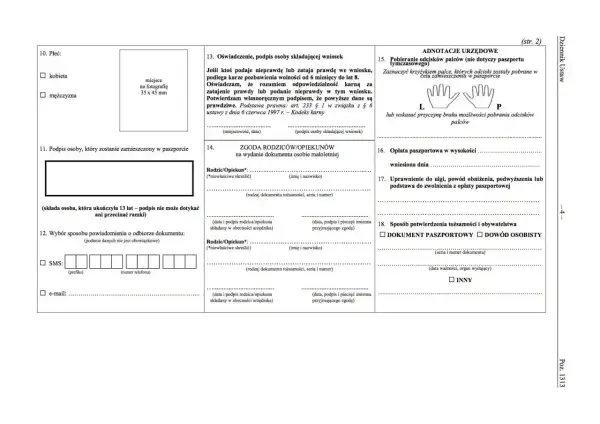 Formularz wniosku o paszport. Sekcja 10: Płeć, 11: Podpis osoby, która zostanie zamieszczony w paszporcie, 12: Wybór sposobu powiadomienia o odbiorze dokumentu.