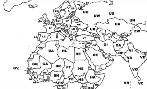 Mapa świata z zaznaczonymi regionami i ich kodami, które mogą odpowiadać kodom lotnisk.