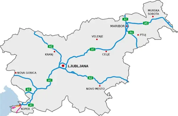 Mapa Słowenii z zaznaczonymi autostradami A1, A2, A3, A4, A5. Widoczne główne miasta: Lublana, Maribor, Celje, Kranj, Koper, Nova Gorica, Novo Mesto, Velenje, Ptuj, Murska Sobota.
