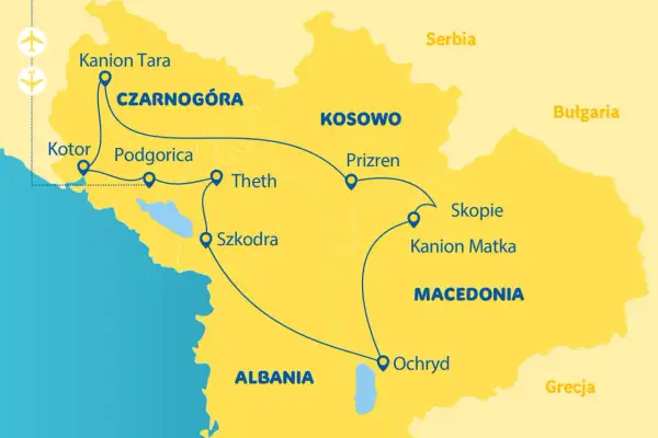 Mapa pokazuje, z kim graniczy Albania: Czarnogóra, Kosowo, Macedonia i Grecja.