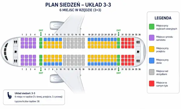 Plan siedzeń w samolocie: układ 3-3. Kolory oznaczają miejsca przy wyjściach awaryjnych, z przodu, przy przejściu, przy oknie, nad skrzydłami i na tyle.